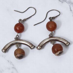 Vintage Silver Earrings With Amber-Colored Beads & Hook Womens Jewelry
